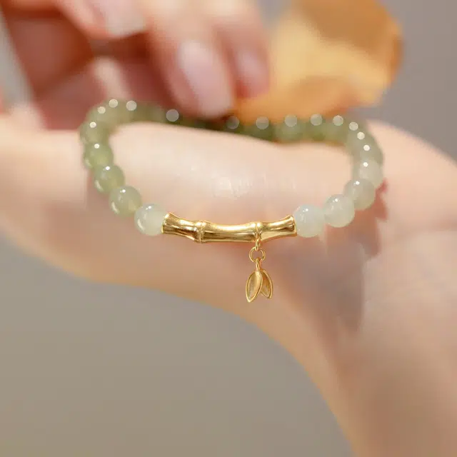 尚银福 冰青竹节 新中式优雅气质国风经典招财纳福古典大气节节高升几何竹叶吊坠小众设计感 玻璃 手串 女款