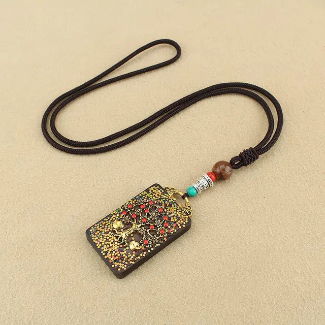 尚银福 好运黄财神唐卡 新中式复古国风精致高级感小众设计 民族风古典国潮藏式无事牌个性百搭 黑檀 项链 男女同款情侣款