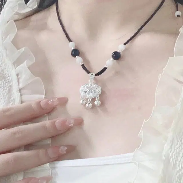 尚银福 平安长命锁系列 国潮新中式时尚复古轻奢高级感 森系小清新平安锁串珠编绳手绳套装 菩提子/菩提籽 项链 男女同款情侣款