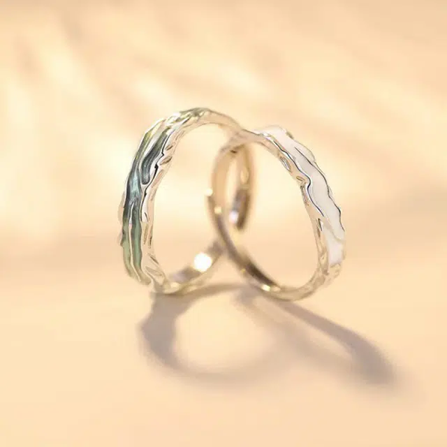 尚银福 蒹葭白露 森系小清新时尚气质百搭青山绿水浪漫诗意不规则纹理开口可调节指环 合金 戒指 男女同款情侣款
