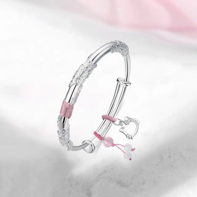 尚银福 萌趣猫咪 森系小清新时尚优雅气质轻奢高级感 国风典雅繁花似锦少女心在逃公主立体浮雕花纹推拉可调节镯子 合金 手镯 女款