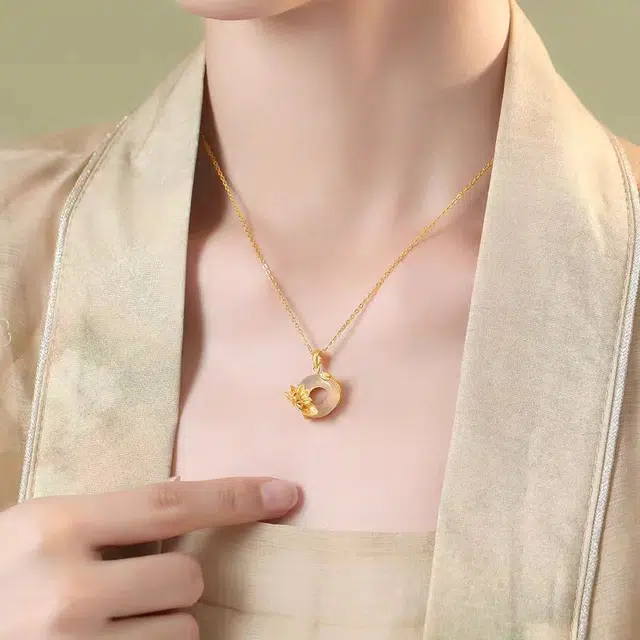 尚银福 荷塘月色系列 国潮新中式时尚优雅气质轻奢高级感 国风典雅小众创意设计莲花平安扣锁骨链套装 合金 项链 女款