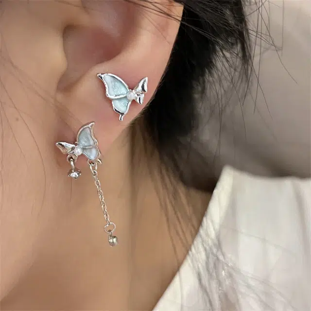 尚银福 薄荷蝴蝶流苏耳饰三件套  甜美精致轻奢时尚优雅温柔灵动闪耀耳饰 小清新高级感不对称设计休闲通勤百搭公主风 合金 耳环 女款