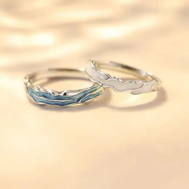 尚银福 蒹葭白露 森系小清新时尚气质百搭青山绿水浪漫诗意不规则纹理开口可调节指环 合金 戒指 男女同款情侣款