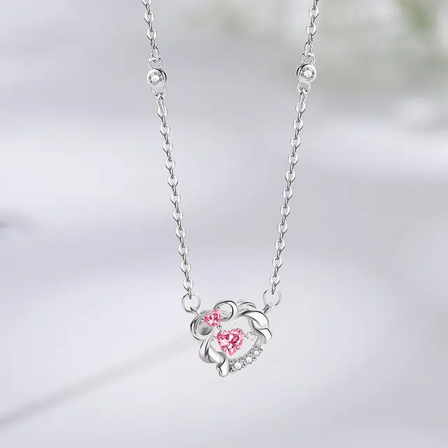 尚银福 心动魔法 森系小清新在逃公主甜美小众少女感 跳动的心灵动闪耀蝴蝶结缠绕镂空创意设计 合金 项链 女款