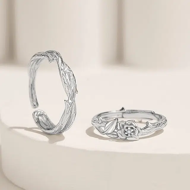 尚银福 荆棘玫瑰 不规则交叉线条时尚优雅冷淡风 小众潮流个性森系小清新花朵对戒开口指环可调节 合金 戒指 男女同款情侣款