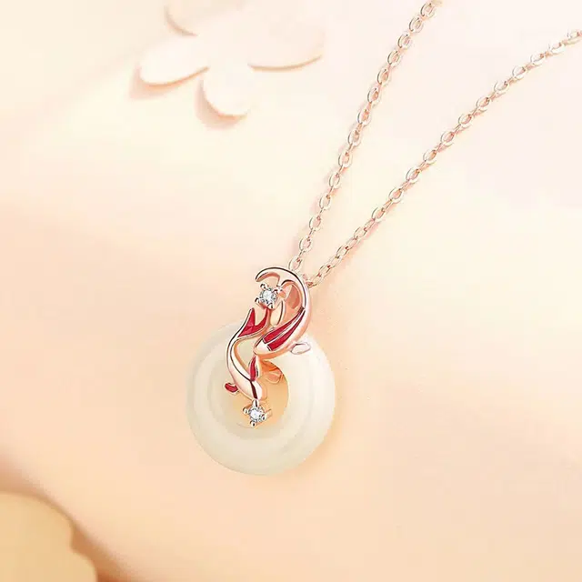 尚银福 渐变粉双鲫鱼系列 复古新中式森系气质简约小众设计高级感 镂空圆环双鲤鱼锁骨链渐变粉色素圈闭口手饰 好运 合金 项链 女款