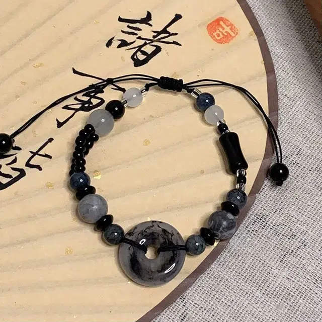尚银福 松墨平安扣 考研上岸松烟入墨新中式平安扣编织绳复古国风小众设计 琉璃 玉石手链 男女同款情侣款