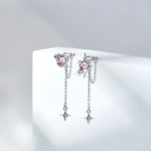 尚银福 十字星芒流苏 轻奢小众高级感 简约时尚潮流甜酷辣妹风粉色爱心十字星芒长款 合金 耳环 女款