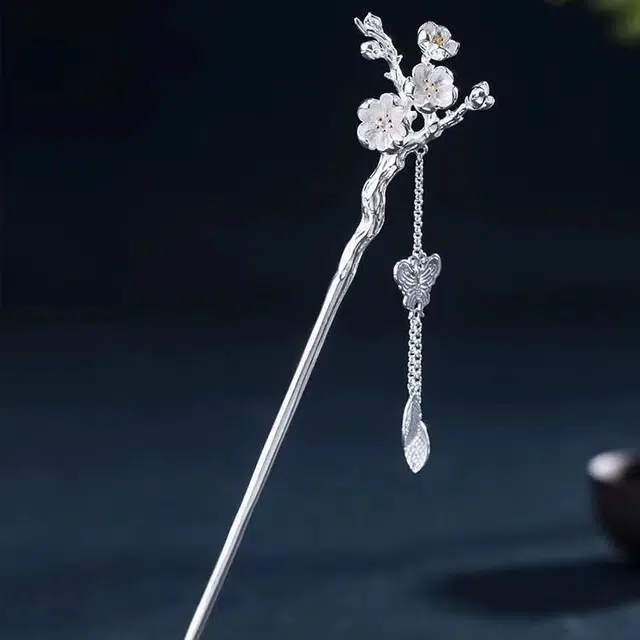 尚银福 梅花蝴蝶流苏发钗 古典民族风新中式复古国风高级感小众创意设计 汉服旗袍精致小巧百搭盘发头饰 合金 发簪 女款