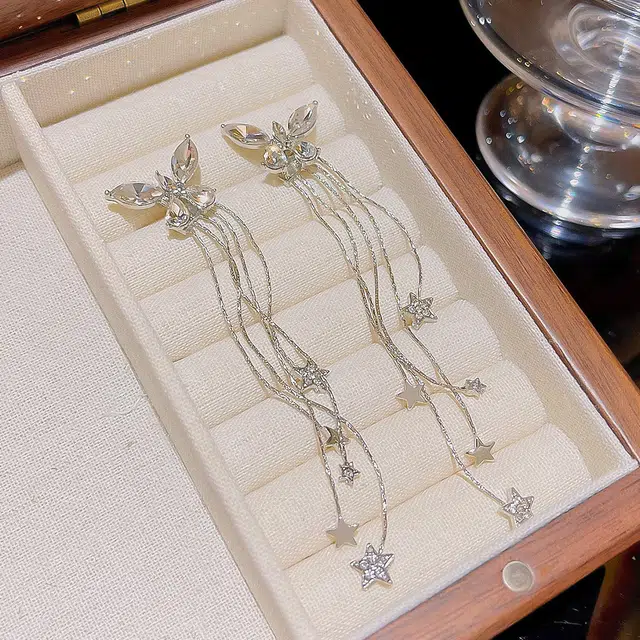 尚银福 星星蝴蝶流苏 甜美森系星星流苏简约小银珠轻奢高级感修饰脸型长款 合金 耳环 女款