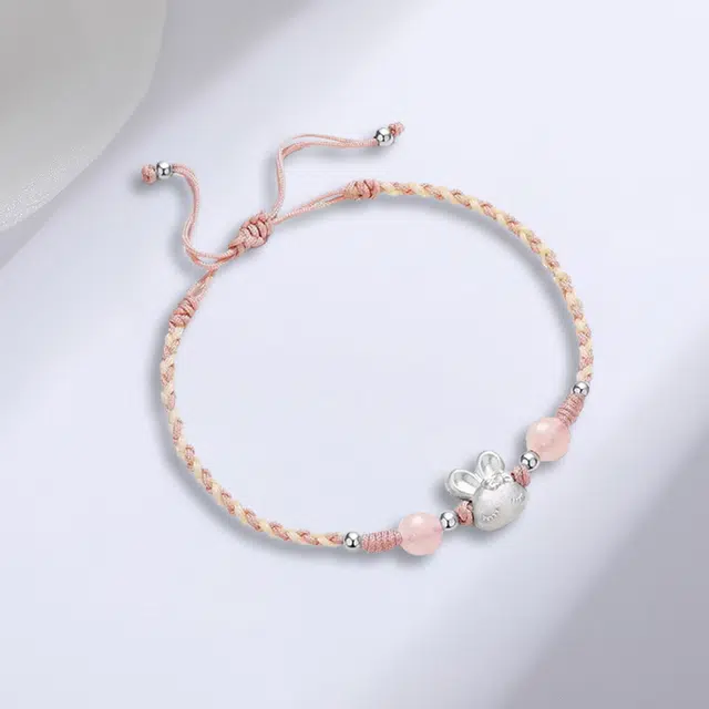 尚银福 粉色兔子 软萌简约精致轻奢甜美少女心 中式高级气质立体萌趣造型 创意小众设计感可调节编织 织物 手链 男女同款情侣款