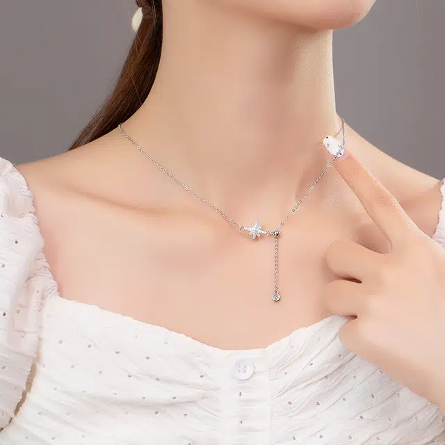 尚银福 八芒星流苏 森系小清新浪漫甜蜜璀璨闪耀星星流苏锁骨链 精致轻奢小众设计高级感时尚优雅气质百搭通勤 好运 合金 项链 女款