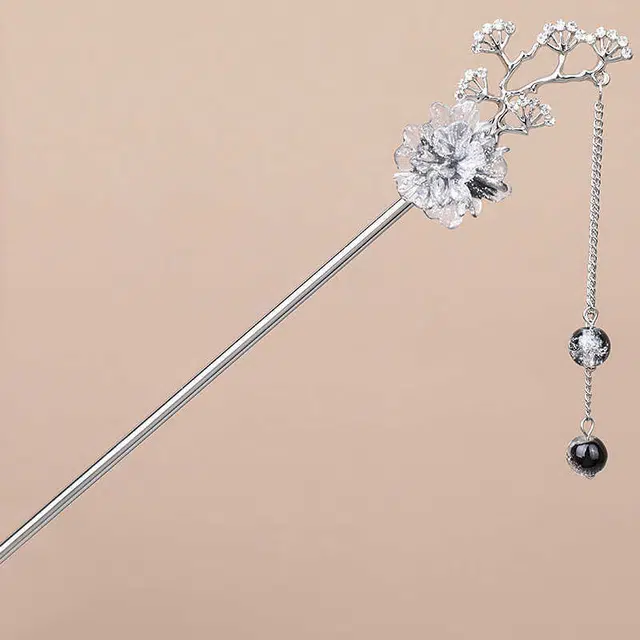 尚银福 水墨玫瑰花 山茶花新中式复古国风 古典民族风汉服旗袍小众创意设计盘发 花朵流苏高级感气质百搭简约发饰 合金 发簪 女款