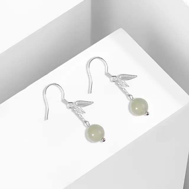 尚银福 竹叶青 国潮复古优雅气质清冷感仙气古风中式汉服旗袍流苏叶子圆珠吊坠个性高级感 合金 耳环 女款