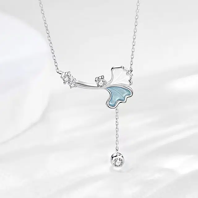 尚银福 小杏运 小清新雾霾蓝银杏叶流苏吊坠轻奢气质温柔时尚仙气小众高级感设计项饰 合金 项链 女款