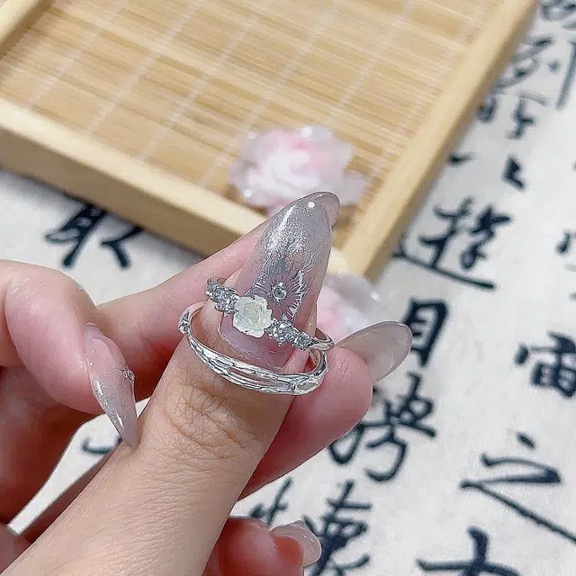 尚银福  唯美浪漫百撘连理枝山茶花手饰 森系清新气质小众高级感 精致璀璨高颜值独特个性 合金 戒指 男女同款情侣款