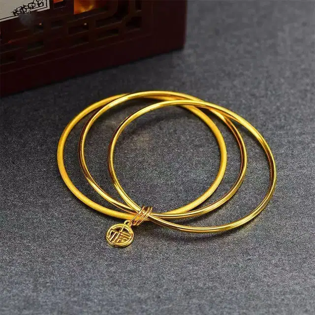 尚银福 三生三世福牌 国潮复古简约轻奢中国风优雅气质经典大气两光一砂素圈三环镂空福字吊牌 合金 手镯 女款