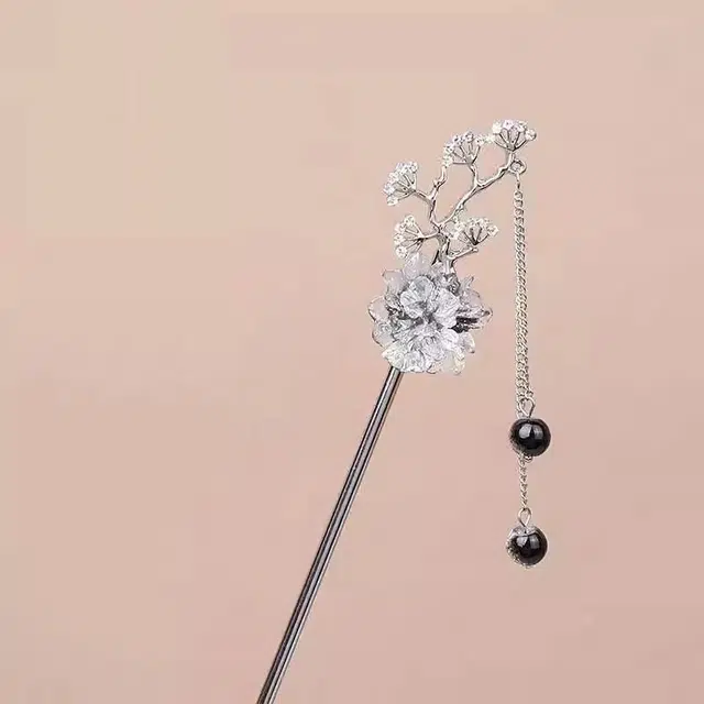 尚银福 水墨玫瑰花 山茶花新中式复古国风 古典民族风汉服旗袍小众创意设计盘发 花朵流苏高级感气质百搭简约发饰 合金 发簪 女款