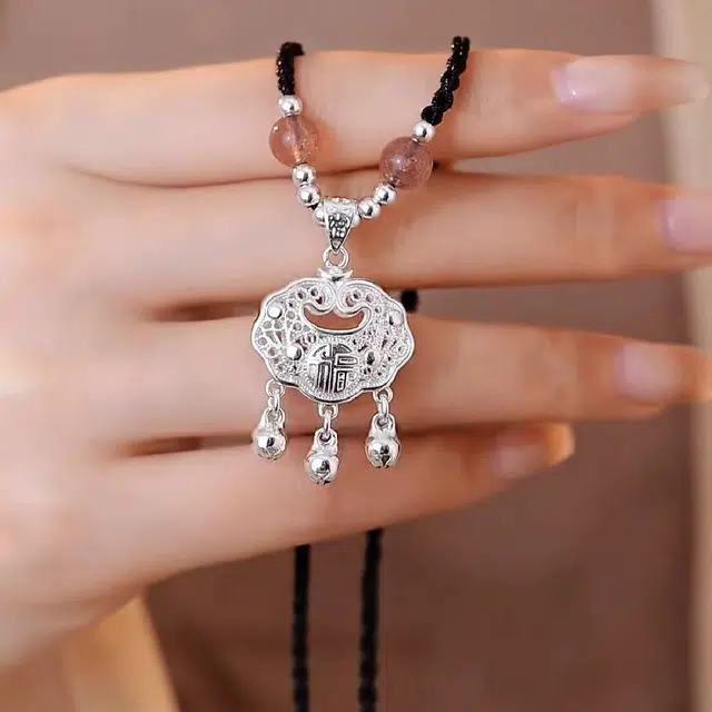 尚银福 福字平安锁系列 国潮新中式时尚优雅气质复古轻奢高级感 小众创意设计长命锁串珠编织 菩提子/菩提籽 项链 男女同款情侣款