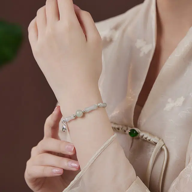 尚银福 爱恋心动系列 新中式复古温柔大方古典清冷感竹节串珠素圈一步一响叮当镯轻奢文艺小清新创意百搭 琉璃 手镯 女款