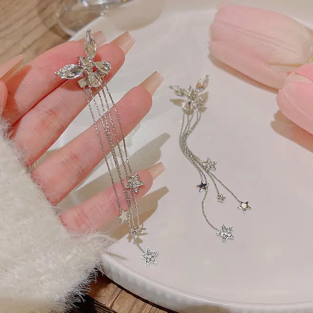 尚银福 星星蝴蝶流苏 甜美森系星星流苏简约小银珠轻奢高级感修饰脸型长款 合金 耳环 女款