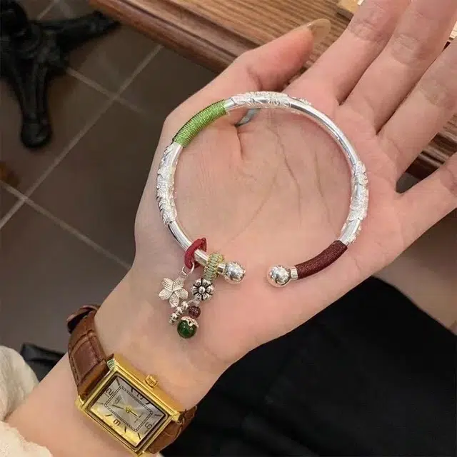 尚银福 流苏繁花 复古国风甜美森系小清新精致萌趣可爱猫咪铃铛流苏推拉可调节手饰 合金 手镯 女款