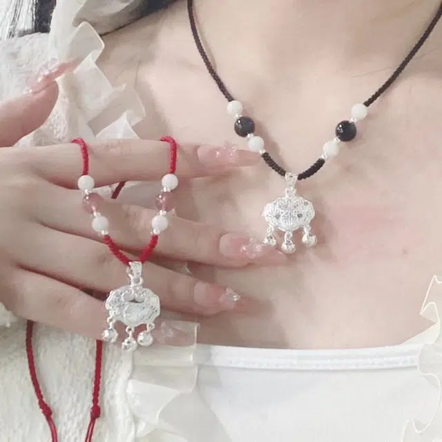 尚银福 平安长命锁系列 国潮新中式时尚复古轻奢高级感 森系小清新平安锁串珠编绳手绳套装 菩提子/菩提籽 项链 男女同款情侣款