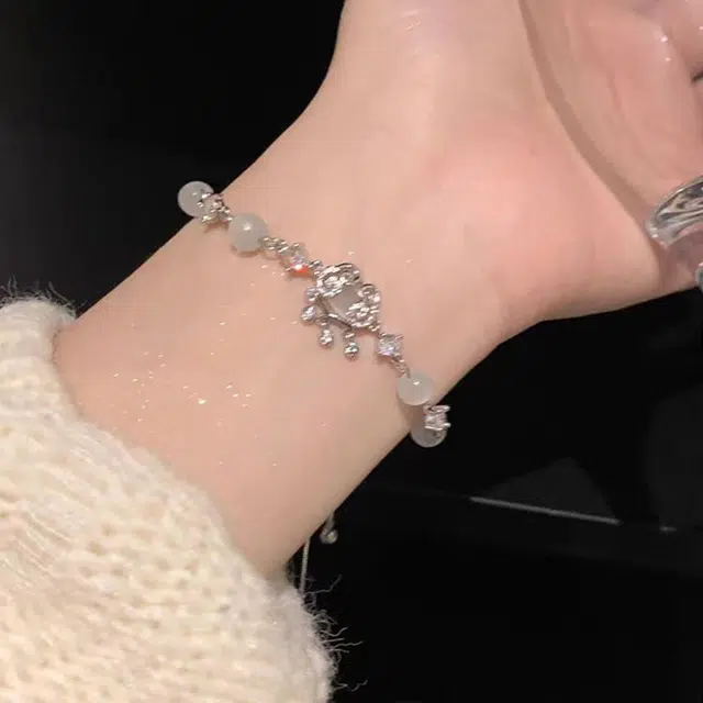 尚银福 竹报平安系列 国潮新中式时尚优雅气质轻奢高级感 古典大气小众创意设计节节高升手饰镯子套装 玻璃猫眼 手链 女款