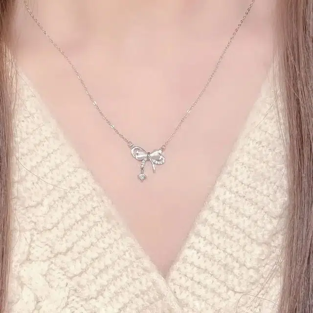 尚银福 闪耀蝴蝶结系列 森系小清新时尚优雅气质轻奢高级感 冷淡风小众设计在逃公主少女心锁骨链套装 合金 项链 女款