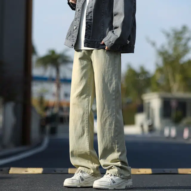 华夏儿女 美式潮牌高街风基础款复古百搭时尚加绒加厚做旧水洗弹力休闲通勤宽松舒适垂坠感阔腿显高直筒保暖废土风牛仔裤 男女同款