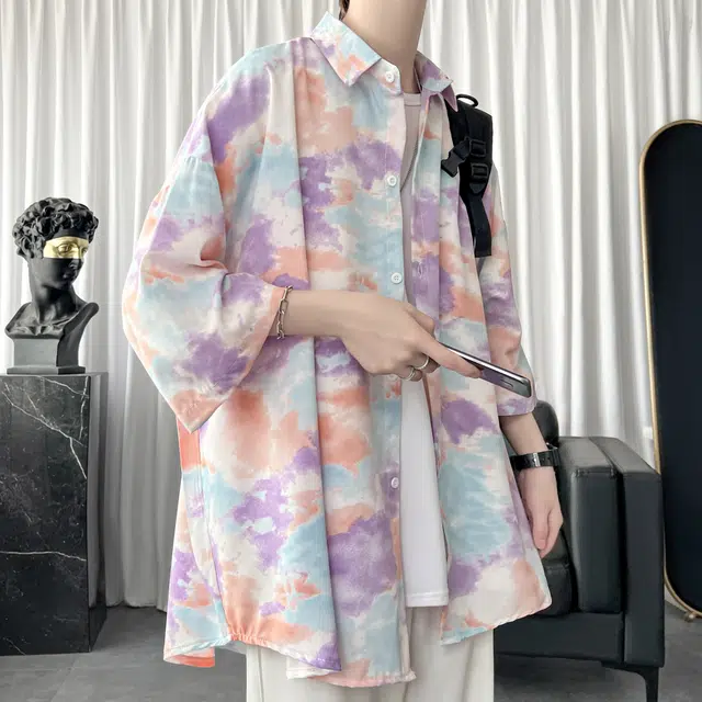 费尔岛上的猫 美式潮牌冰丝扎染渐变学院风慵懒透气宽松百搭夏季短袖衬衫 男女同款