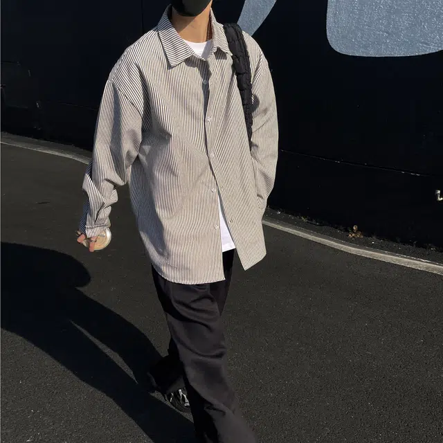 潮牌美式复古学院风简约基础款条纹重磅宽松长袖单排扣翻领痞帅百搭落肩少年感上衣时尚潮流透气休闲衬衫 男女同款
