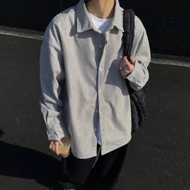 潮牌美式复古学院风简约基础款条纹重磅宽松长袖单排扣翻领痞帅百搭落肩少年感上衣时尚潮流透气休闲衬衫 男女同款