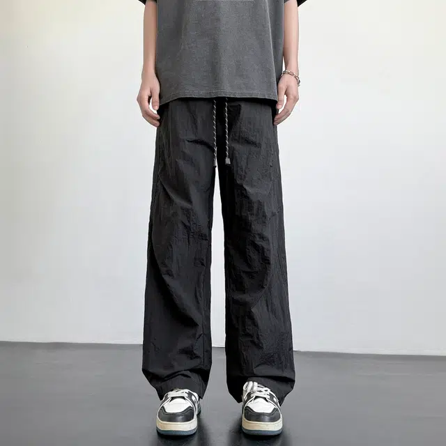 华夏儿女 美式纯色基础棉麻户外伞兵垂感褶皱阔腿速干工装冰丝裤直筒宽松轻薄透气舒适通勤百搭运动拖地休闲裤 男女同款