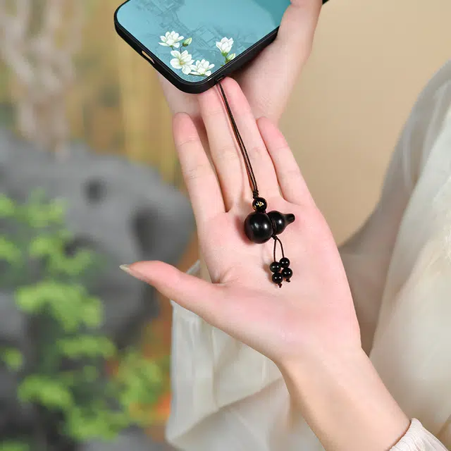 灵菲 福禄手机挂件 好运葫芦钥匙扣 平安转运新中式 平安文玩复古手机链 黑曜石 玉石吊坠 男女同款情侣款