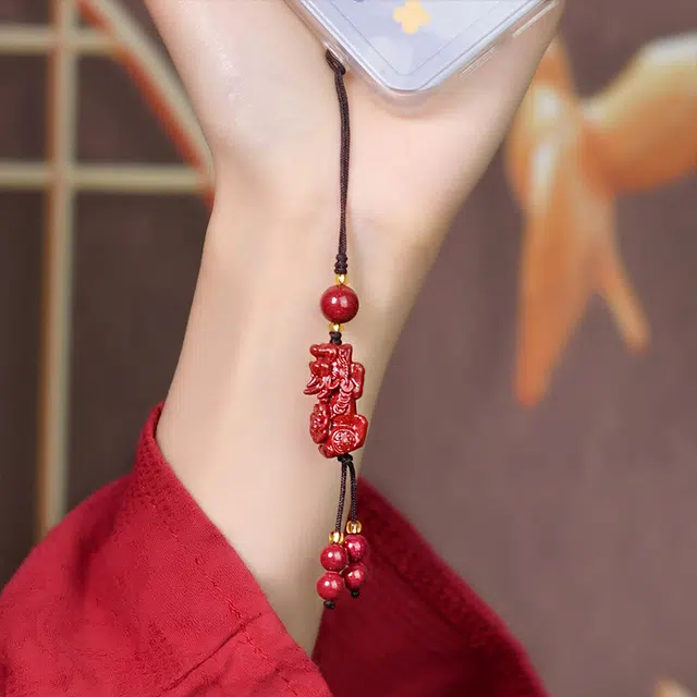 灵菲 迎财兽 紫金朱砂 貔貅 手机挂件 平安转运钥匙扣 后视镜 车内吊饰挂饰 生日 礼物 新中式 朱砂 玉石吊坠 男女同款情侣款 朱砂