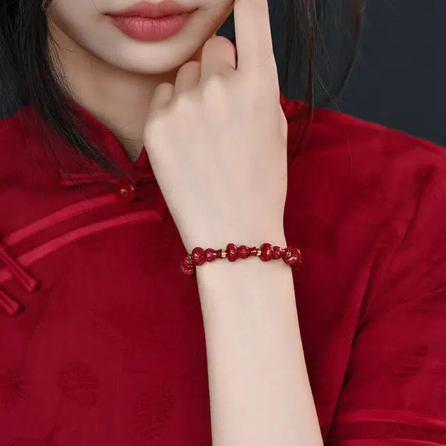 灵菲 国潮复古新中式文玩吉祥民族风葫芦 辰砂 玉石手串 女款 朱砂