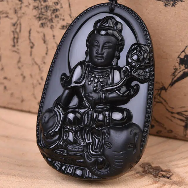 灵菲 十二生肖守护神本命佛 龙蛇生肖 普贤菩萨 国风复古新中式 生肖八大守护神项链 黑曜石 玉石吊坠 男女同款情侣款 礼盒