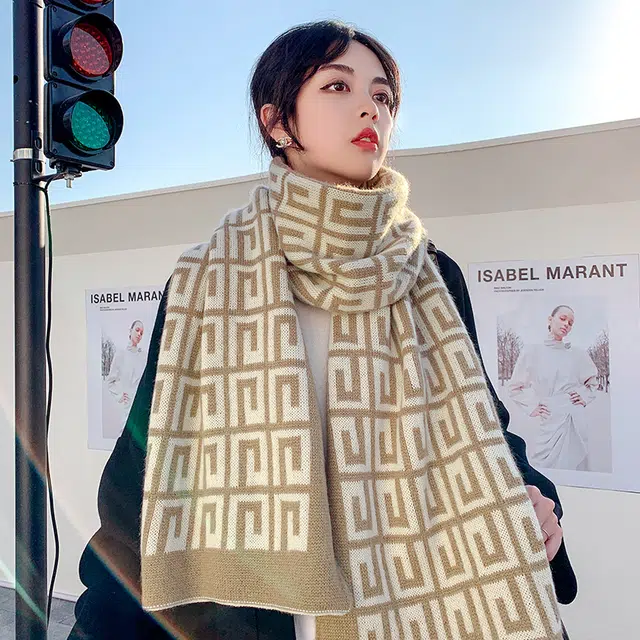 纳兰杜 秋冬 针织 加厚 毛线百搭时尚韩版防风防寒保暖护脖子 绒线围巾 女款 卡其色/黑色/绿色
