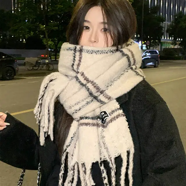 纳兰杜 条纹流苏小清新高级感加厚保暖 绒线围巾 女款