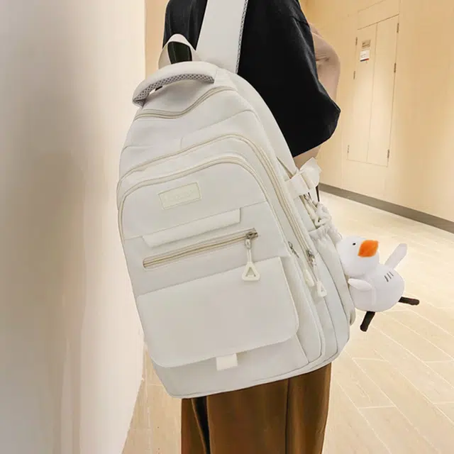 纳兰杜 大容量日系简约百搭休闲纯色高颜值 织物 书包双肩包 大号 女款 白色/黑色