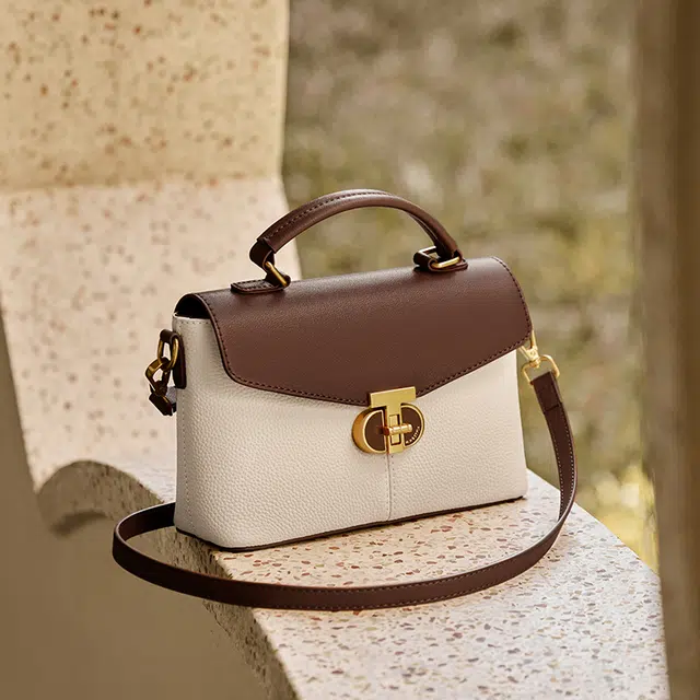 纳兰杜 气质优雅百搭大气高级感上班通勤 牛皮 单肩斜挎手提包 中号 女款 米白拼棕色