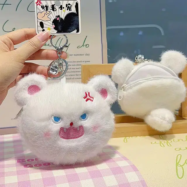 纳兰杜 玩偶可爱创意挂件搞怪零钱包 毛绒拼树脂 钥匙扣包周边 男女同款情侣款 黑色炸毛猫/白色炸毛猫