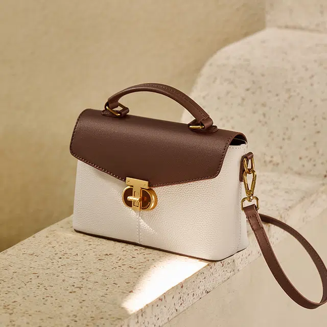 纳兰杜 气质优雅百搭大气高级感上班通勤 牛皮 单肩斜挎手提包 中号 女款 米白拼棕色