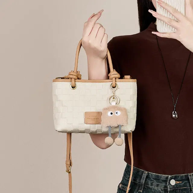 纳兰杜 通勤上班洋气高级感精致百搭 牛皮拼合成革 手提包 小号 女款 米白拼杏