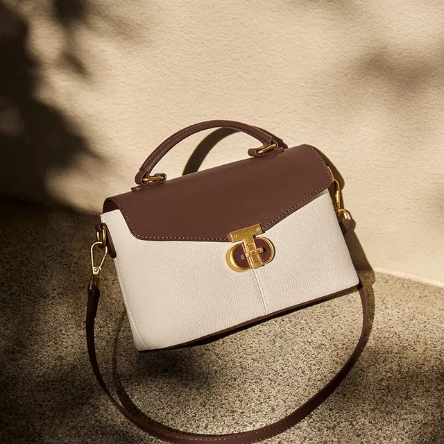 纳兰杜 气质优雅百搭大气高级感上班通勤 牛皮 单肩斜挎手提包 中号 女款 米白拼棕色