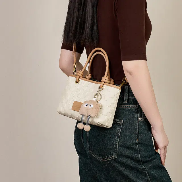 纳兰杜 通勤上班洋气高级感精致百搭 牛皮拼合成革 手提包 小号 女款 米白拼杏