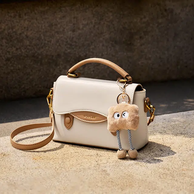 纳兰杜 时尚百搭潮流通勤休闲 牛皮拼合成革 剑桥包单肩斜挎手提包 小号 女款 白拼杏色