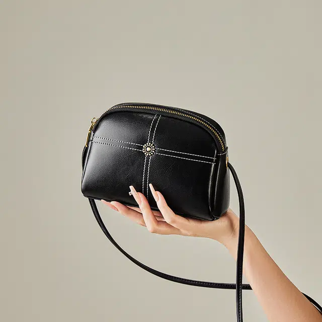 纳兰杜 简约休闲软皮妈妈款百搭时尚 牛皮 手机包单肩斜挎包 迷你 女款 子夜黑